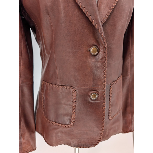 VTG Rizal Neiman Marcus Brown Leather Whip Stich Boho Western Blazer Medium Wmns - Picture 5 of 10